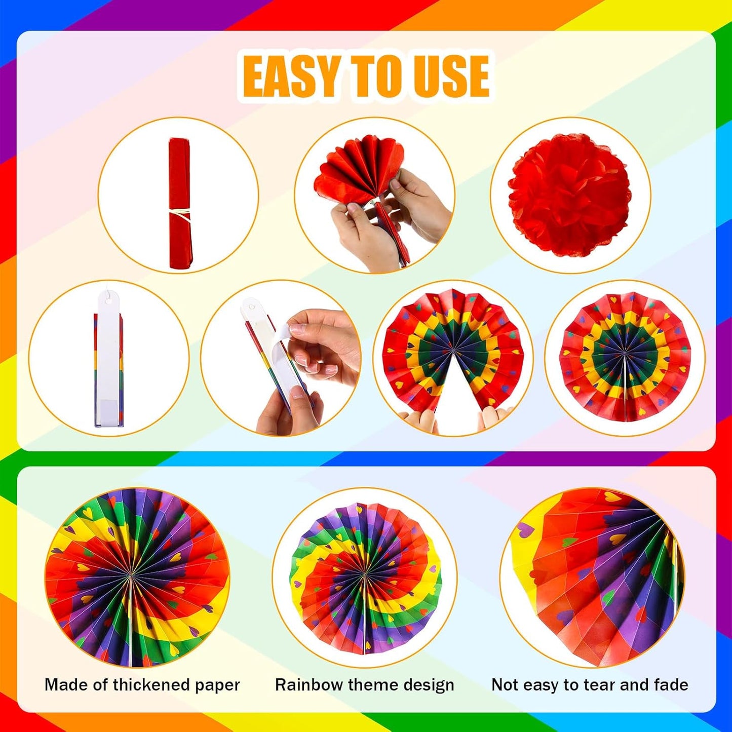 Outus Rainbow Love Heart Paper Fans - 21 Pcs Gay Pride Decorations for LGBT Celebrations