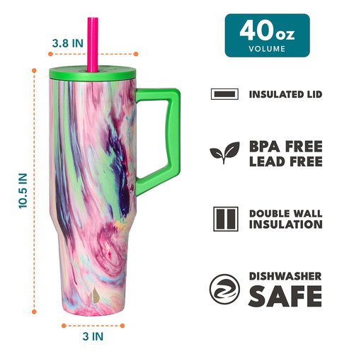 Elemental 40 oz Tumbler with Handle and Straw - Spill Proof Insulated Stainless Steel Commuter for Cold Beverages - Travel Coffee Mug with 2 Straws & Spill Proof Lid - 40oz - Aurora Dream