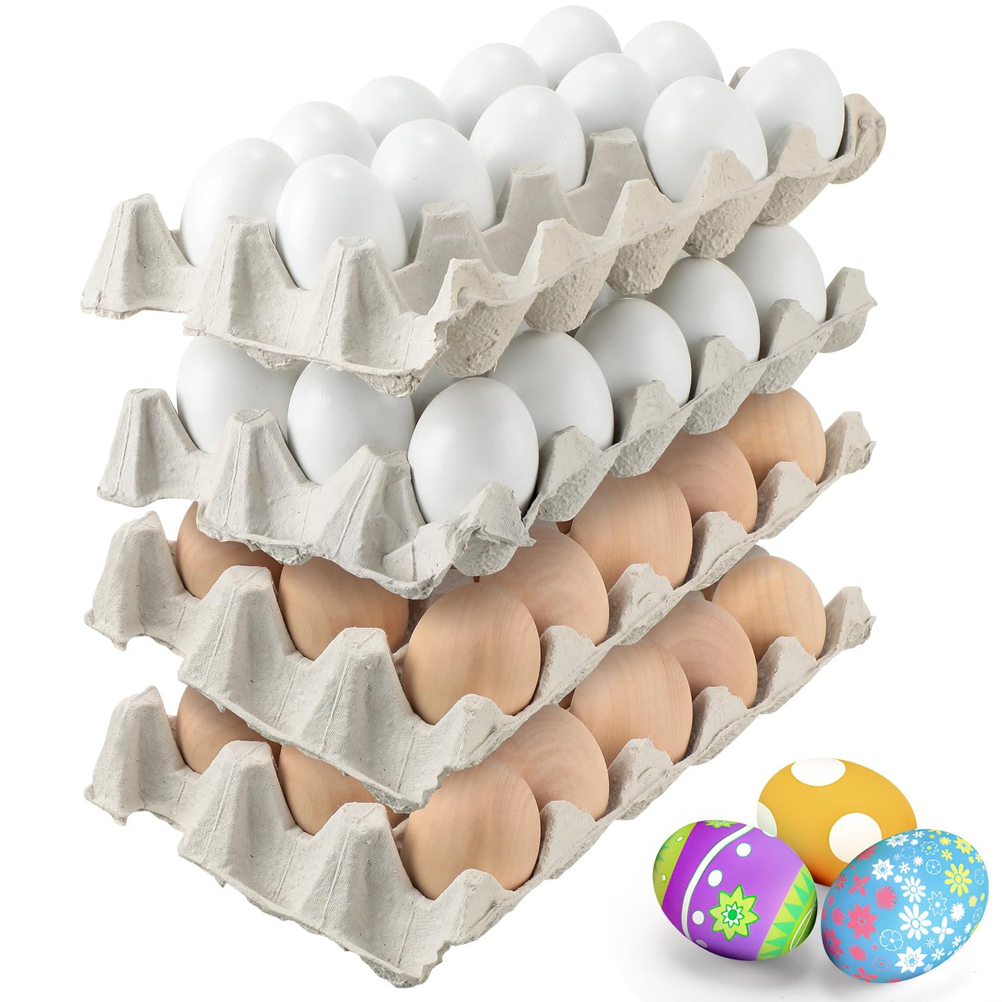 Beeveer 60 Pcs Wooden Eggs for Crafts Unpainted Eggs with Blank Egg Cartons, Wooden Fake Food Egg to Paint for Easter Decorating, Kitchen Craft, Basket Stuffer(White,Wood)