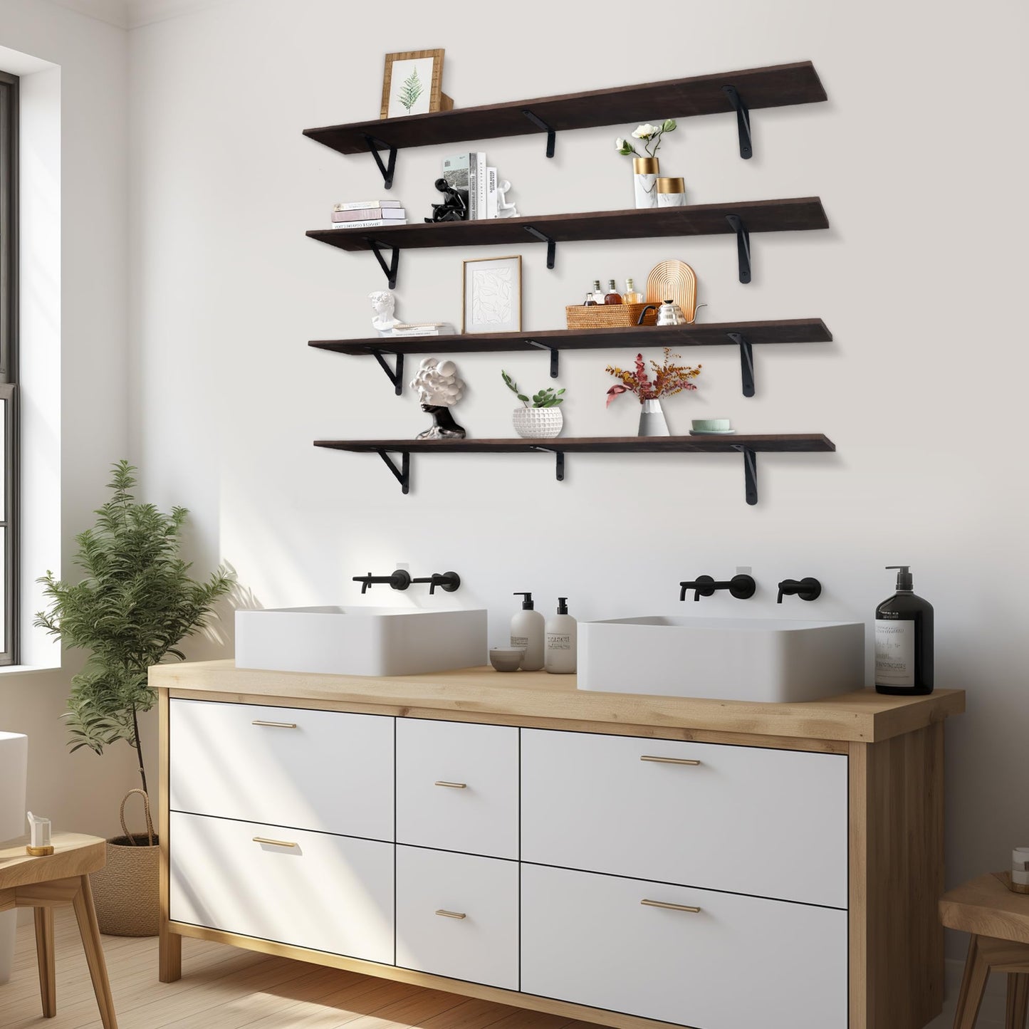 Huiyiaus Long Floating Shelves for Books,Wall Hanging Bookshelf Set of 4,Rustic Wall Mount Book Shelf Wood Extra Large for Livingroom Bedroom Kitchen Bathroom Home Office Decor,47 Inches(Dark Brown)
