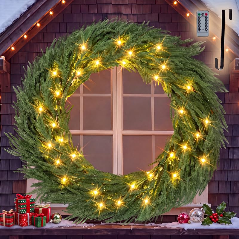 NUPTIO 36 Inch Large Outdoor Prelit Norfolk Pine Christmas Wreath (120 cm)