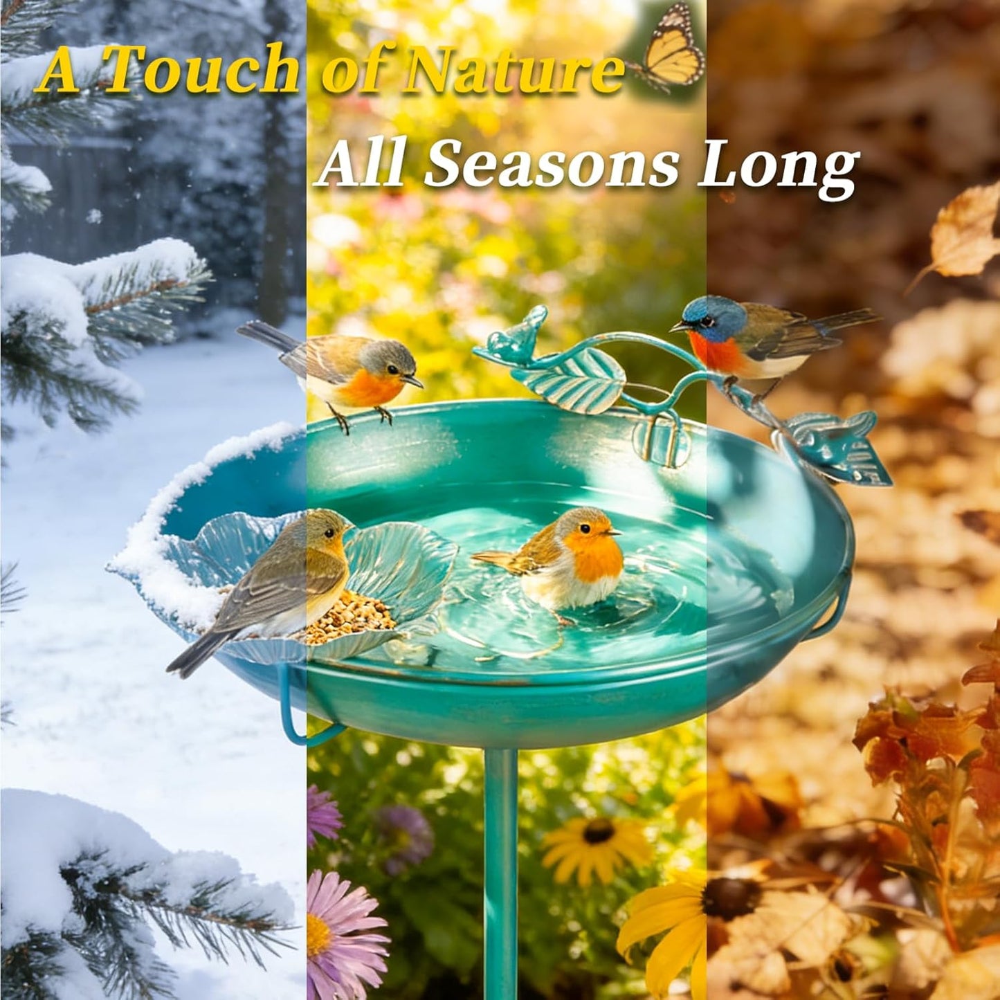 Mellbree Bird Bath - 12" Dia, 39" H Lake Blue Metal Birdbath with Gold Gilding | Freestanding Outdoor Decor