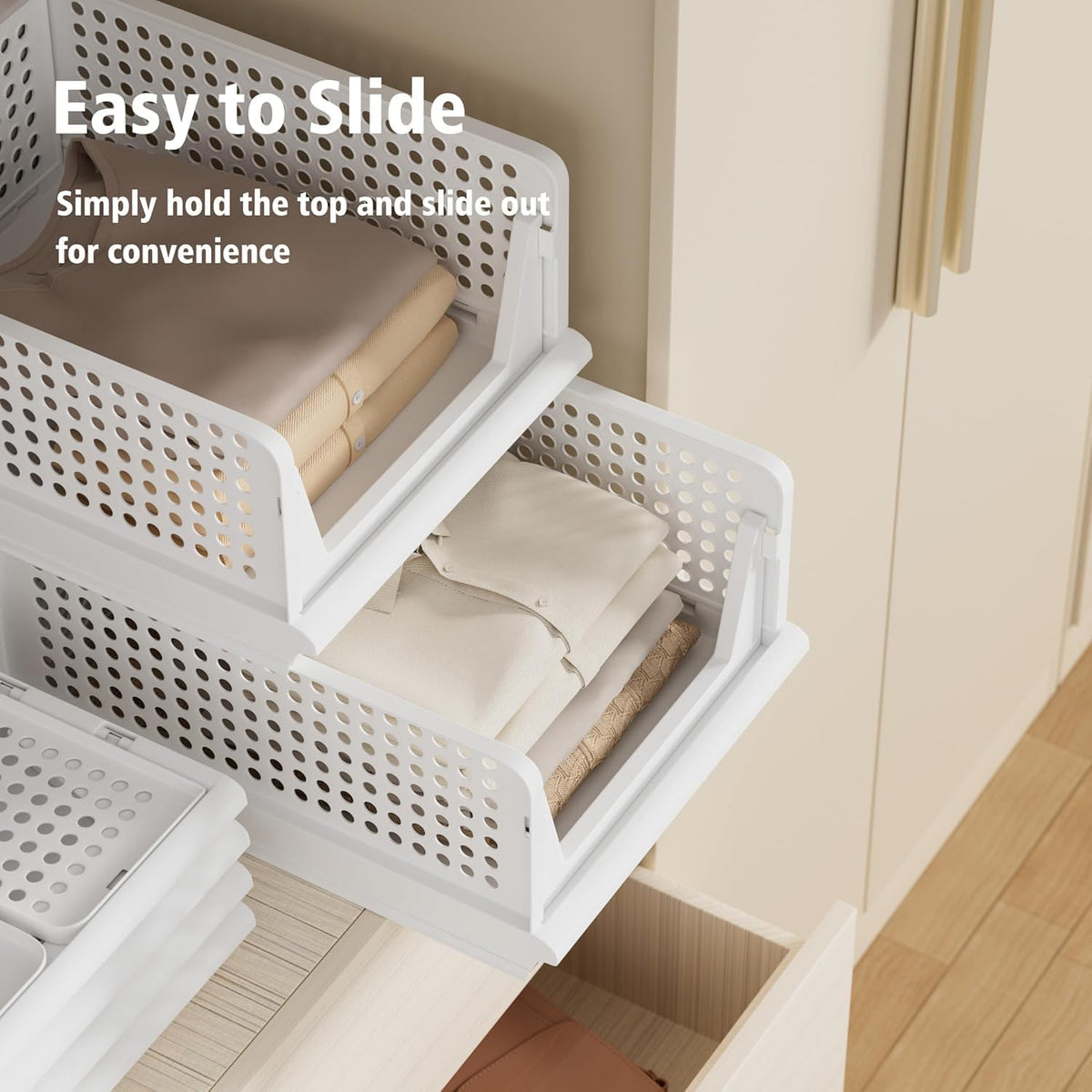 Proarea Stackable Storage Bins - 5 Pack Foldable Closet Organizers for Clothes | White Plastic Baskets