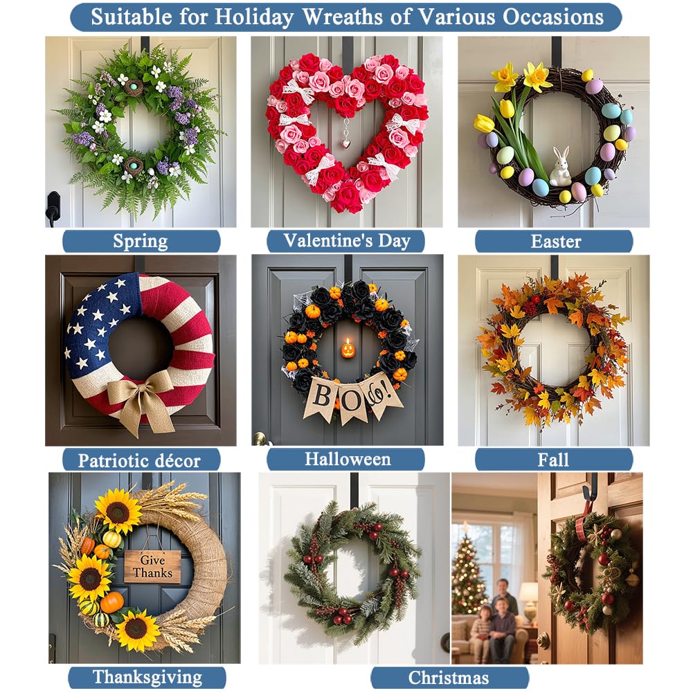 Sattiyrch 15" Wreath Hanger for Front Door,Sturdy Steel Wreath Door Hanger,Over The Door Hanger Hook (Black,2)