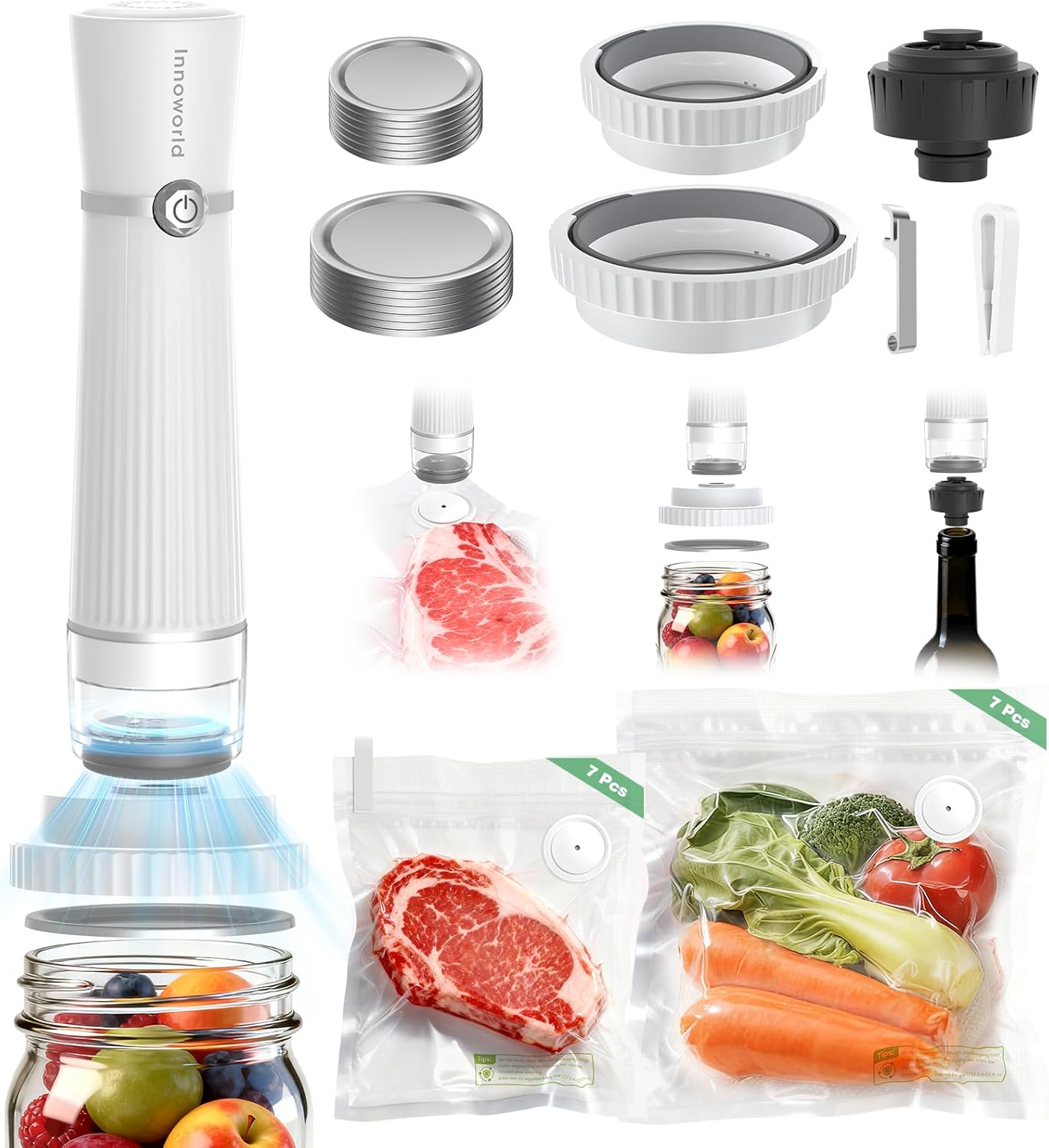 Skiennix 3-in-1 Vacuum Sealer - Compact Handheld Food Saver with 14 Reusable Bags | Versatile for Jars & Bottles