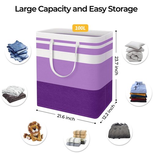 HomeHacks 2 Pack Large Laundry Baskets, Waterproof, Freestanding Laundry Hampers, Collapsible Clothes Hamper with Reinforced Handles in Laundry, College Dorm, Bathroom, Bedroom (Purple, 100Lx2)