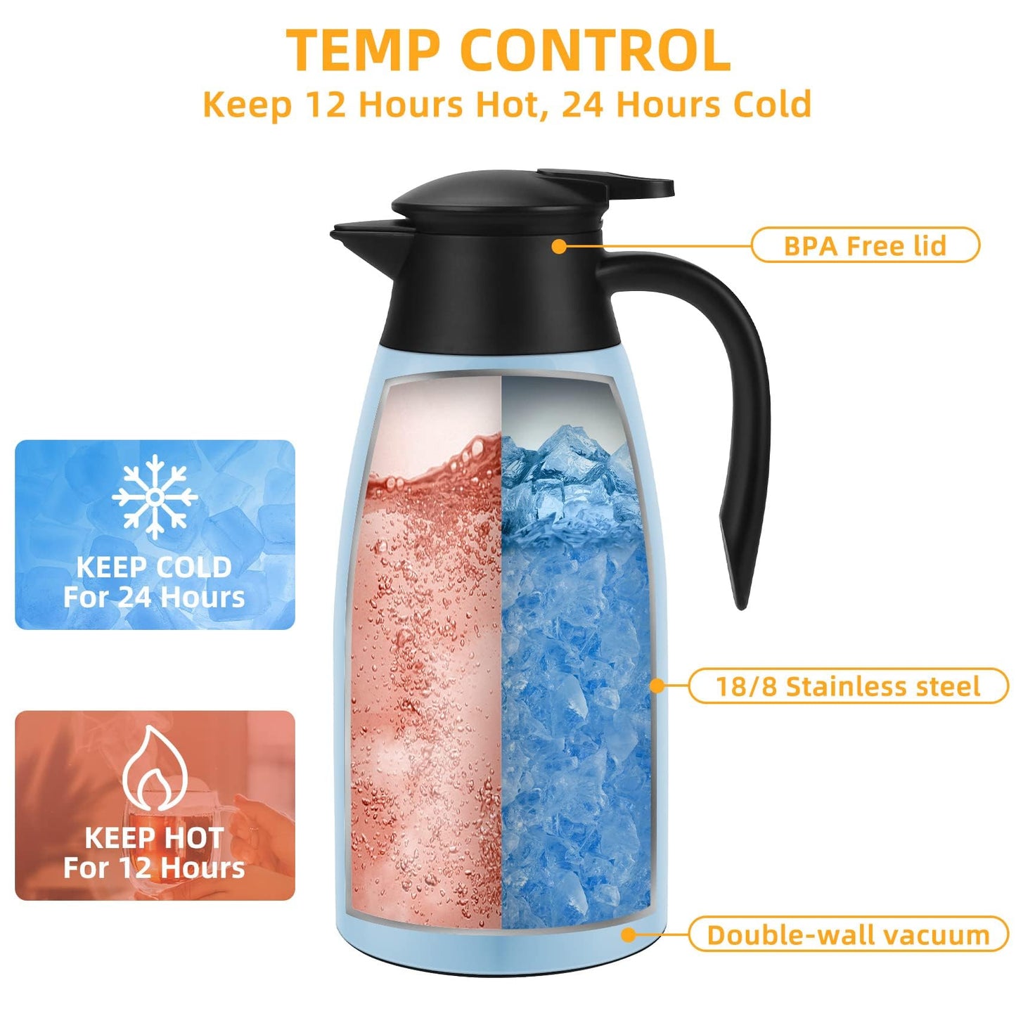 70oz Coffee Carafe Airpot Insulated Coffee Urn Stainless Steel Vacuum Thermal Pot Flask for Coffee, Hot Water, Tea, Hot Beverage Keep 12 Hours Hot, 24 Hours Cold, Blue
