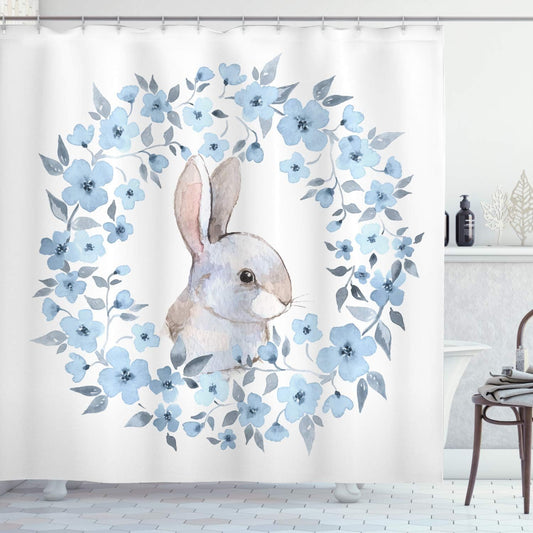 Watercolor Flower Shower Curtain with Bunny Rabbit Portrait - Floral Wreath Bathroom Decor, 69" x 70" with Hooks