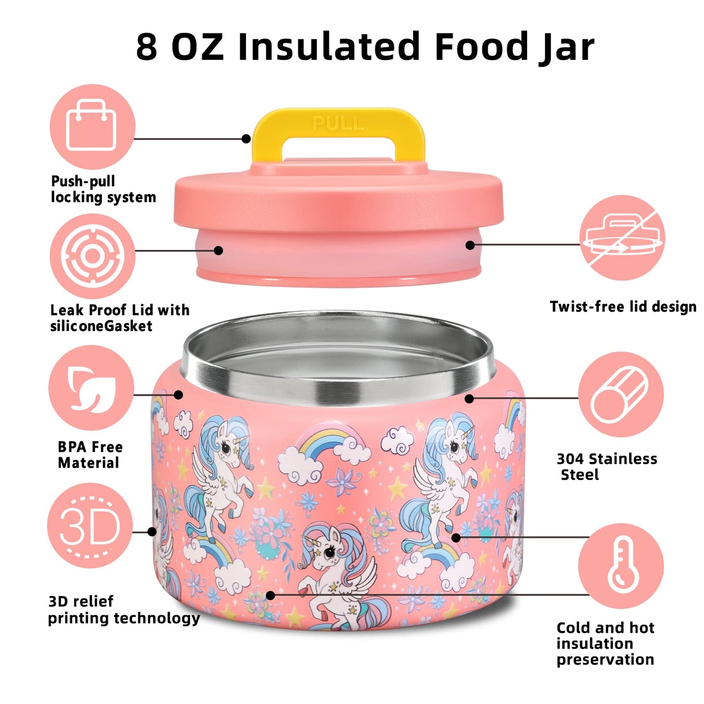 JXXM 8 Oz Thermo Food Jar for Hot & Cold Food for Kids, Insulated Lunch Containers Hot Food Jar,Leak-Proof Vacuum Stainless Steel Wide Mouth Lunch Soup Thermo for School (PINK-Unicorn)