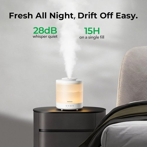 Homvana Small Humidifiers - 1.5L Cool Mist Top Fill for Baby Nursery | 3-in-1 Essential Oil Diffuser, 7 Color Lights