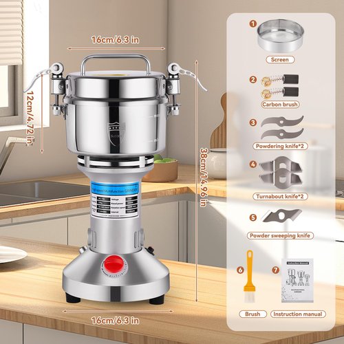 Electric Grain Mill Grinder - 2000W High-Speed 750g 304 Stainless Steel Professional Grain Mill & Spice Grinder for Kitchen and Coffee Shop - Grinds Grains, Coffee, and Dry Spices with Easy Operation