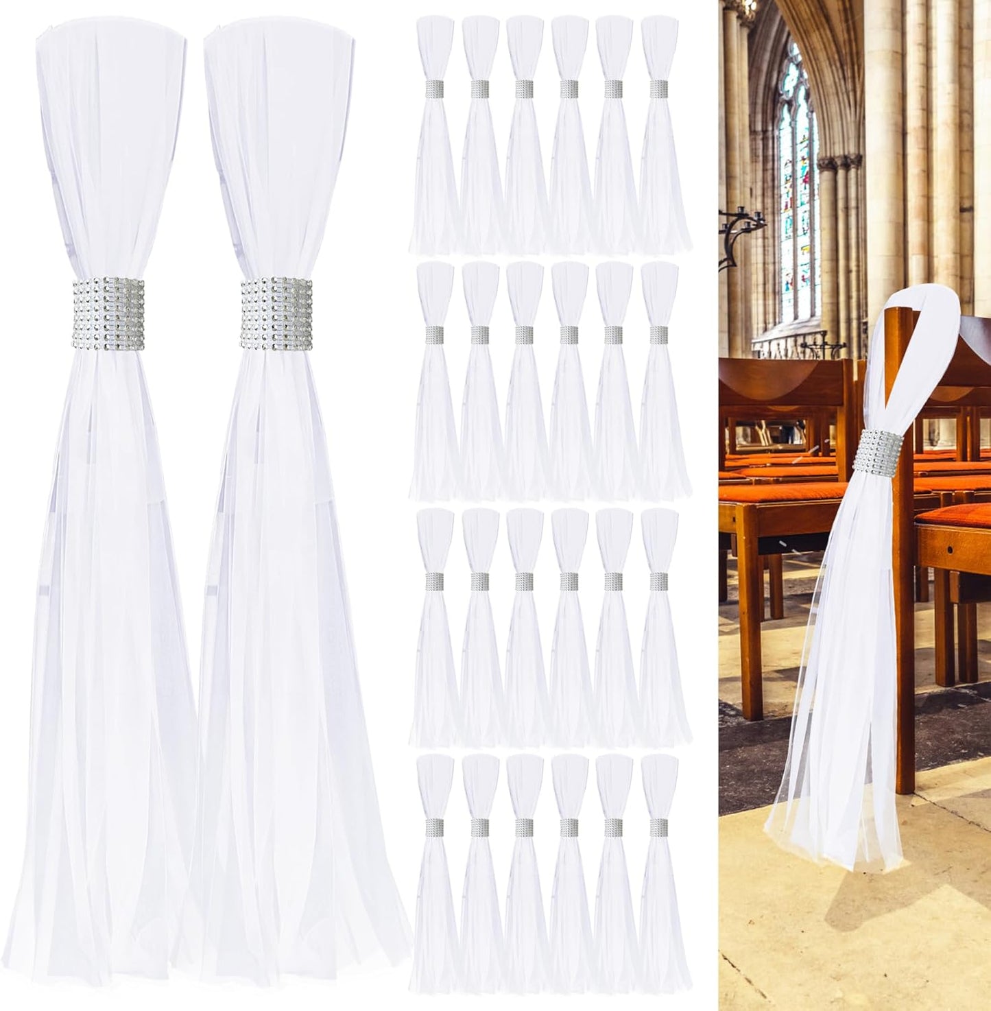 Skiennix 26 Sets Large White Pew Bows - Tulle Wedding Aisle Chair Decorations for Outdoor Ceremonies