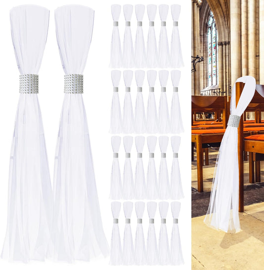 Skiennix 26 Sets Large White Pew Bows - Tulle Wedding Aisle Chair Decorations for Outdoor Ceremonies