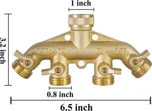Hourleey Brass Garden Hose Splitter - 4-Way Solid Brass Connector with 4 Valves & Extra Washers