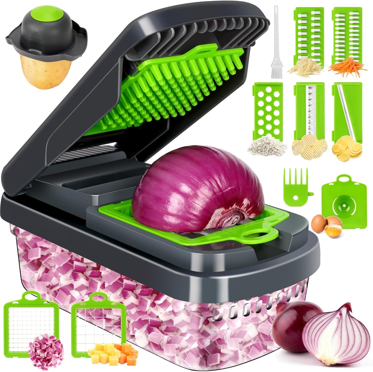 Yusshn Vegetable Chopper - 12-in-1 Multifunctional Food Processor with 7 Blades | Grey Kitchen Essential
