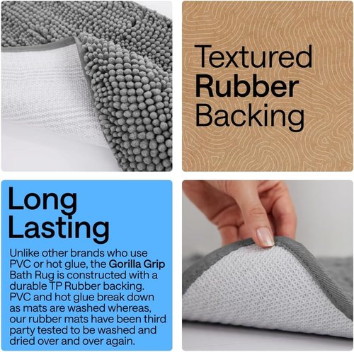 GORILLA GRIP Bath Rug Mat - Soft Absorbent Chenille | Quick-Dry Microfiber, 48x24, Grey