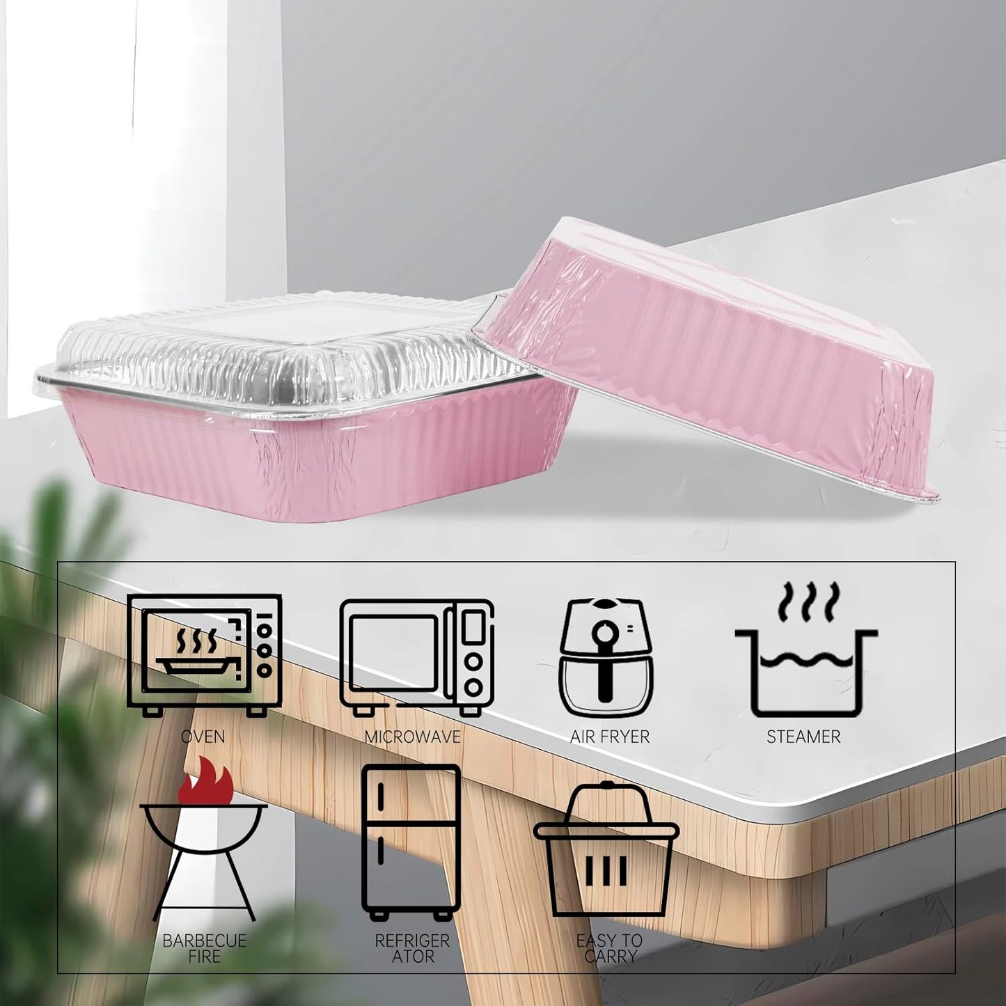 Skiennix 50 Pack Aluminum Pans - 8"x8" Disposable Foil Containers with Plastic Lids for Baking & Storing | Pink