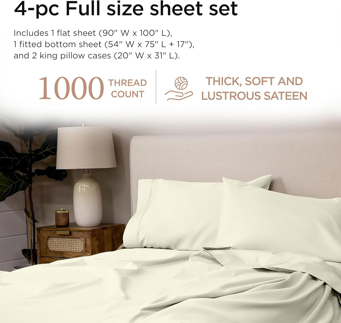 Threadmill Luxury Supima Cotton Sheets - 1200 Thread Count Soft 100% Cotton | Full Size Ivory Bed Set