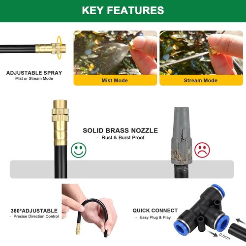 Drip Irrigation System - 100Ft 1/4" Garden Watering Kit with 24 Adjustable Copper Nozzles for DIY Gardens