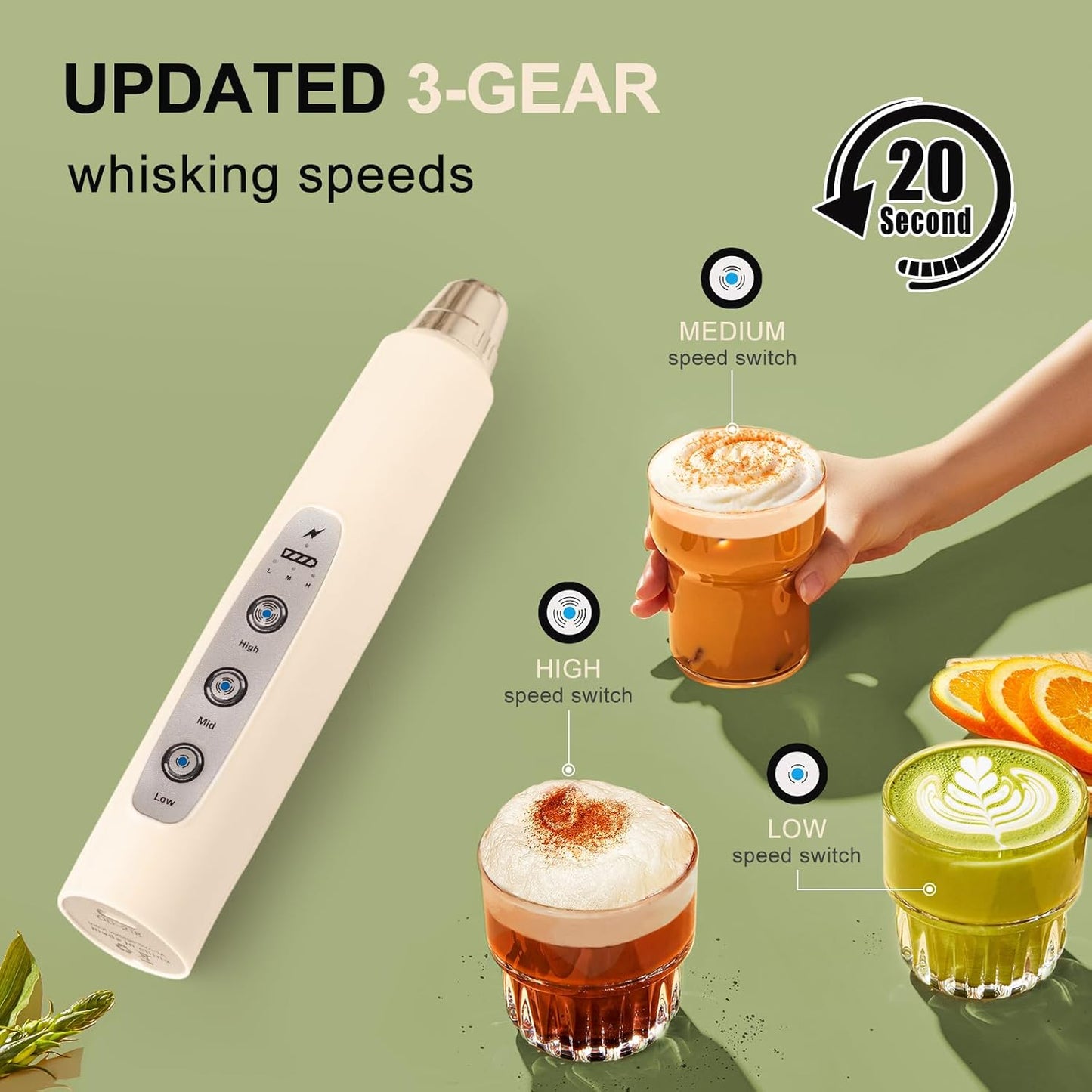 YUSWKO Handheld Milk Frother - Rechargeable Electric Whisk with 3 Heads & 3 Speeds for Lattes, Cappuccinos & More
