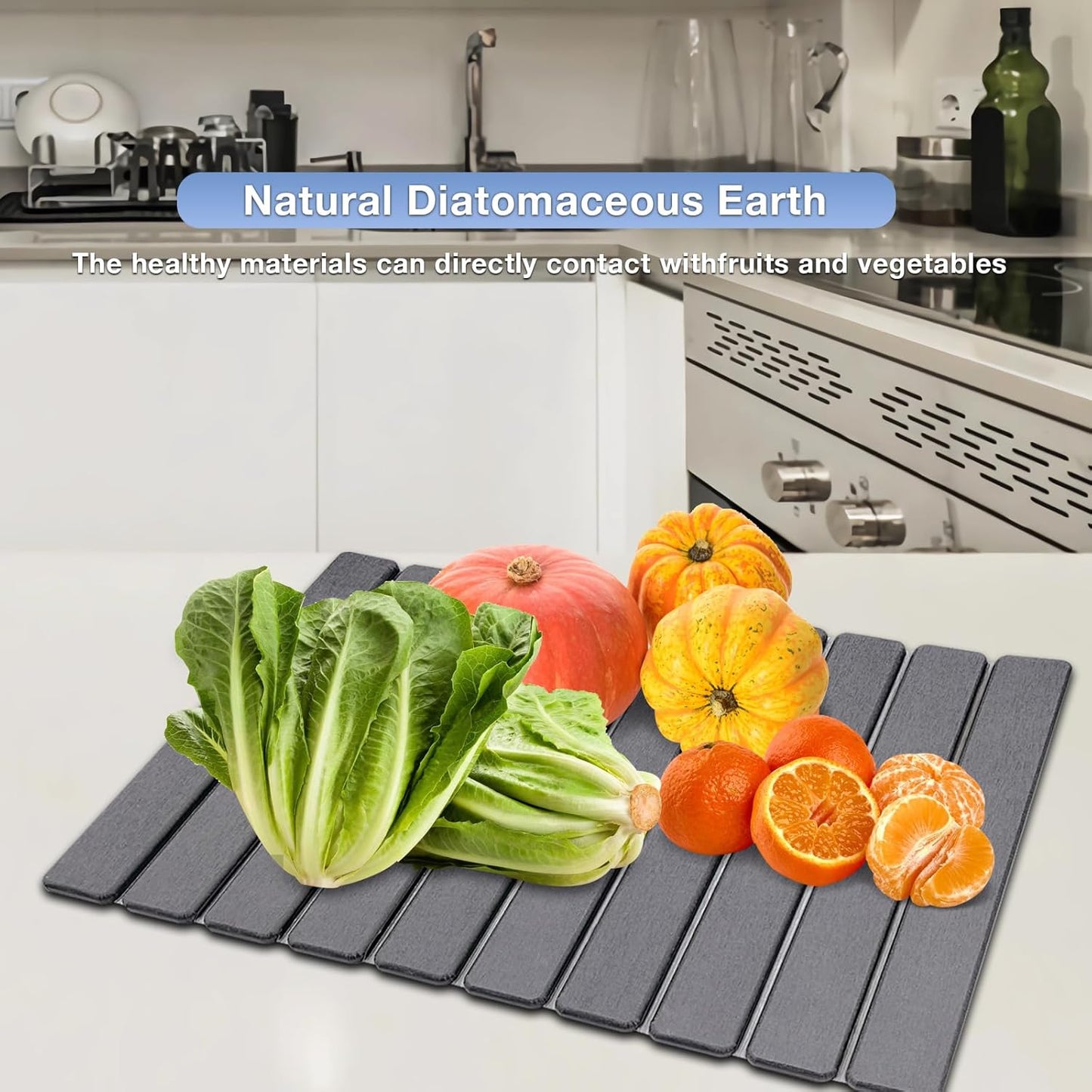 Rain Spirit Large Stone Dish Drying Mat - Quick Dry Diatomaceous Earth | 24" x 16" Grey