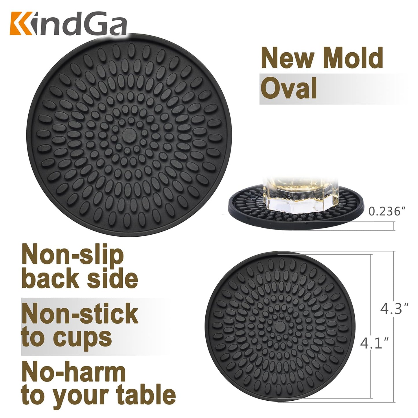 KindGa Coasters for Drinks Black, Absorbent Rubber Coaster Set, Silicone Drink Coasters for Large Mug/Cup/Bottle, Deep Tray 4.3 Inch Oval Shape Jar Opener Heat-Resistant Grips (Set of 8)