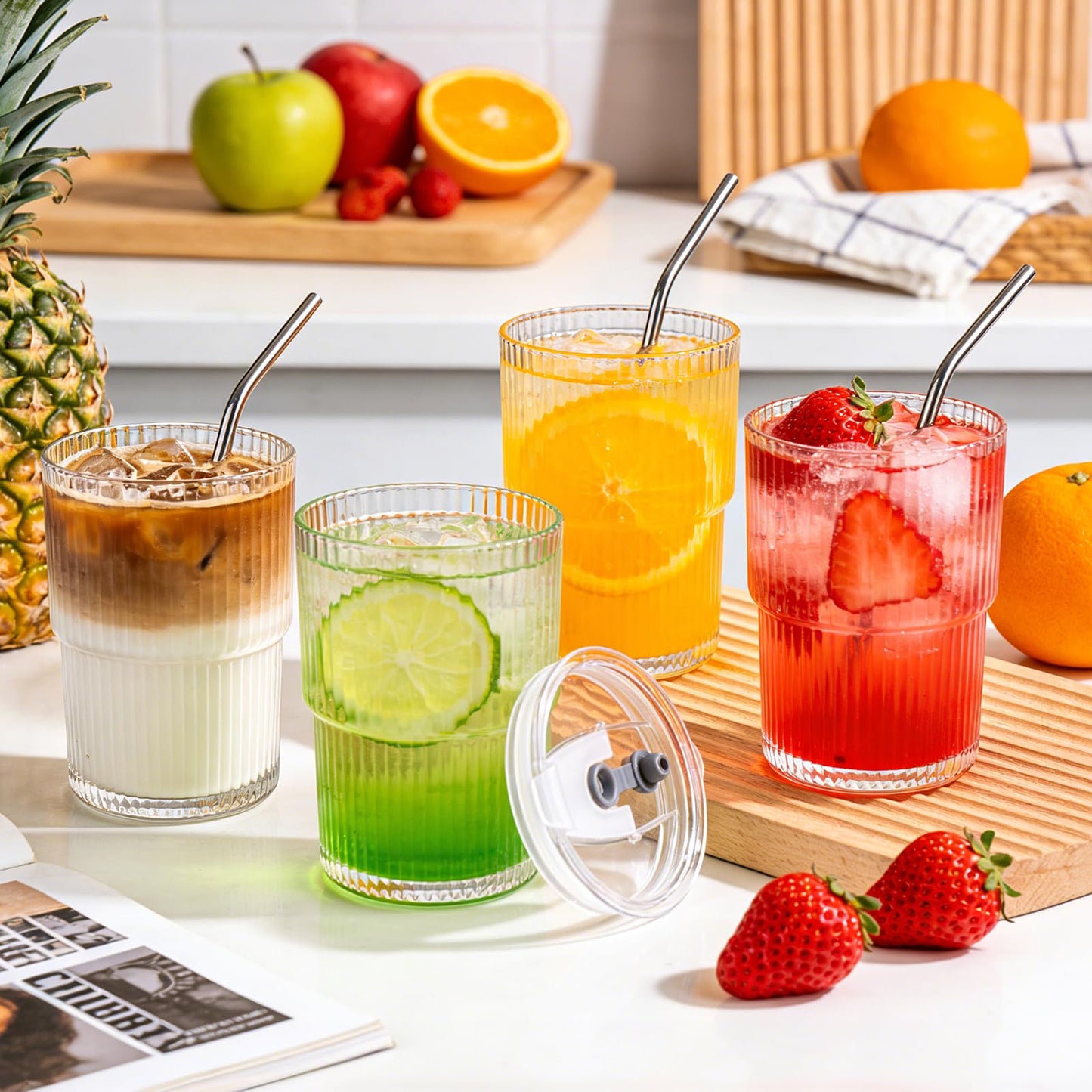 Woaiwo-q 6 Pack 13oz Ribbed Glass Tumbler with Lid and Straw, Iced Coffee Cup Set, Boba Aesthetic Drinking Mug, Coffee Glasses for Matcha Smoothie Juice Tea Latte Cappuccino Cocktail