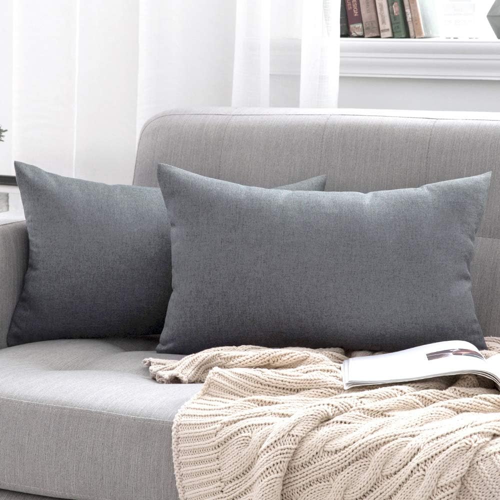 MIULEE Decorative Outdoor Throw Pillow Covers - Waterproof Faux Linen Cushion Cases | 20x12 Inch Dark Grey (Pack of 2)