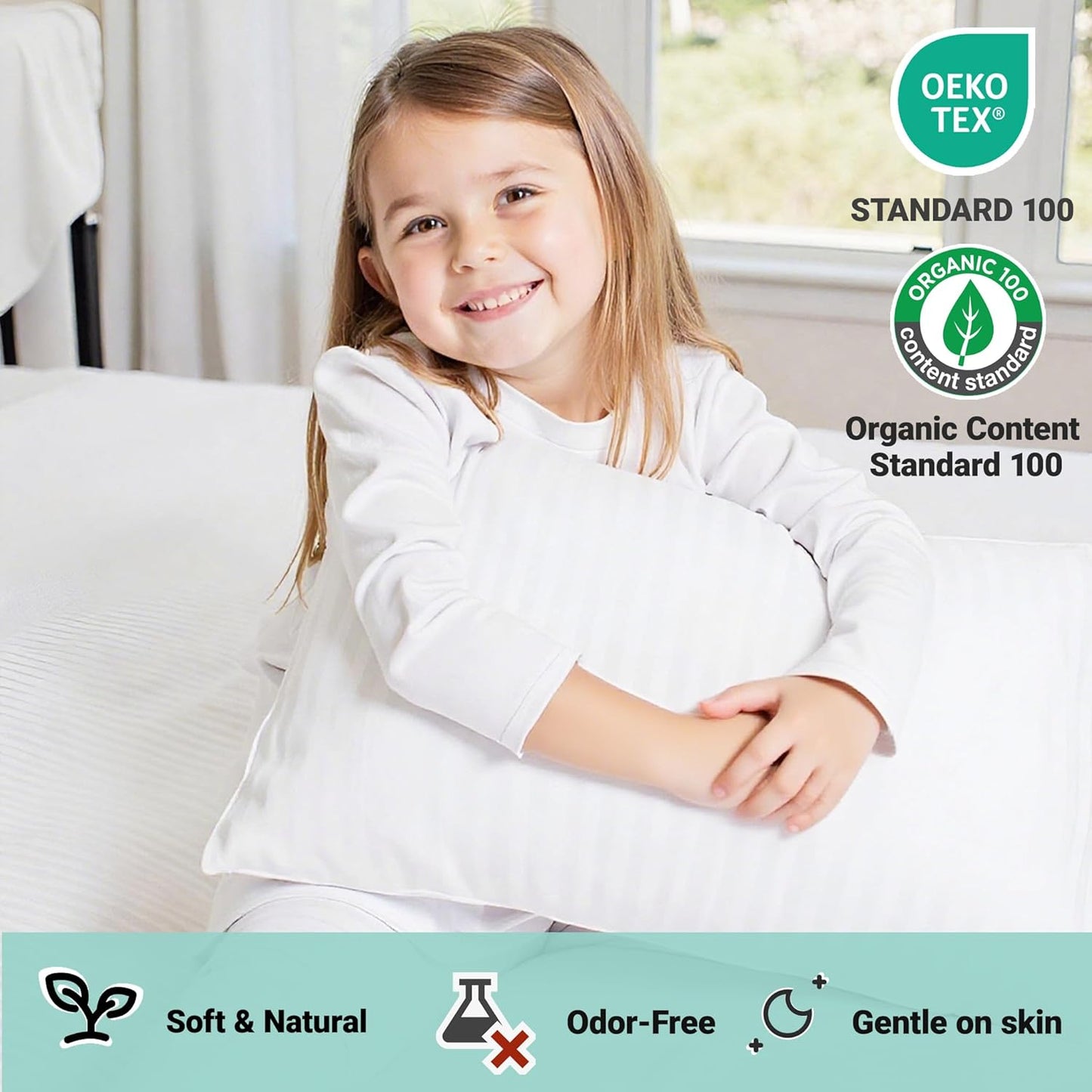 ZPECC Toddler Pillow - Hypoallergenic Organic Cotton 13x18 Kids Pillow with Pillowcase | White Stripe, Ideal for Travel & Daycare