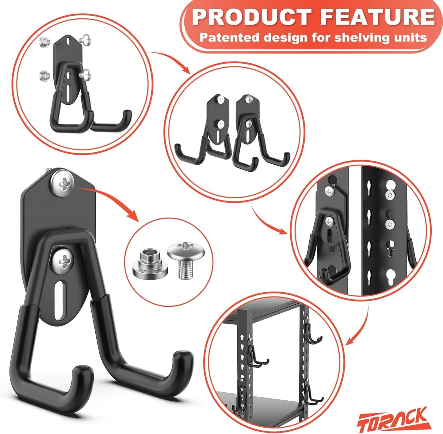 TORACK Garage Storage System Hooks - 15 PCS Wall-Mount Utility Hooks for Tools, Ladders & More (Black)