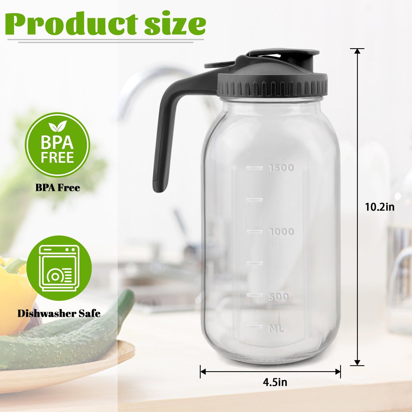64 Oz Glass Pitcher with Lid, 2 Quart Heavy Duty Cold Brew Pitcher, Leak-Proof, Wide Mouth Mason Jar with Pouring Airtight Lid,Ideal for Fridge Storage
