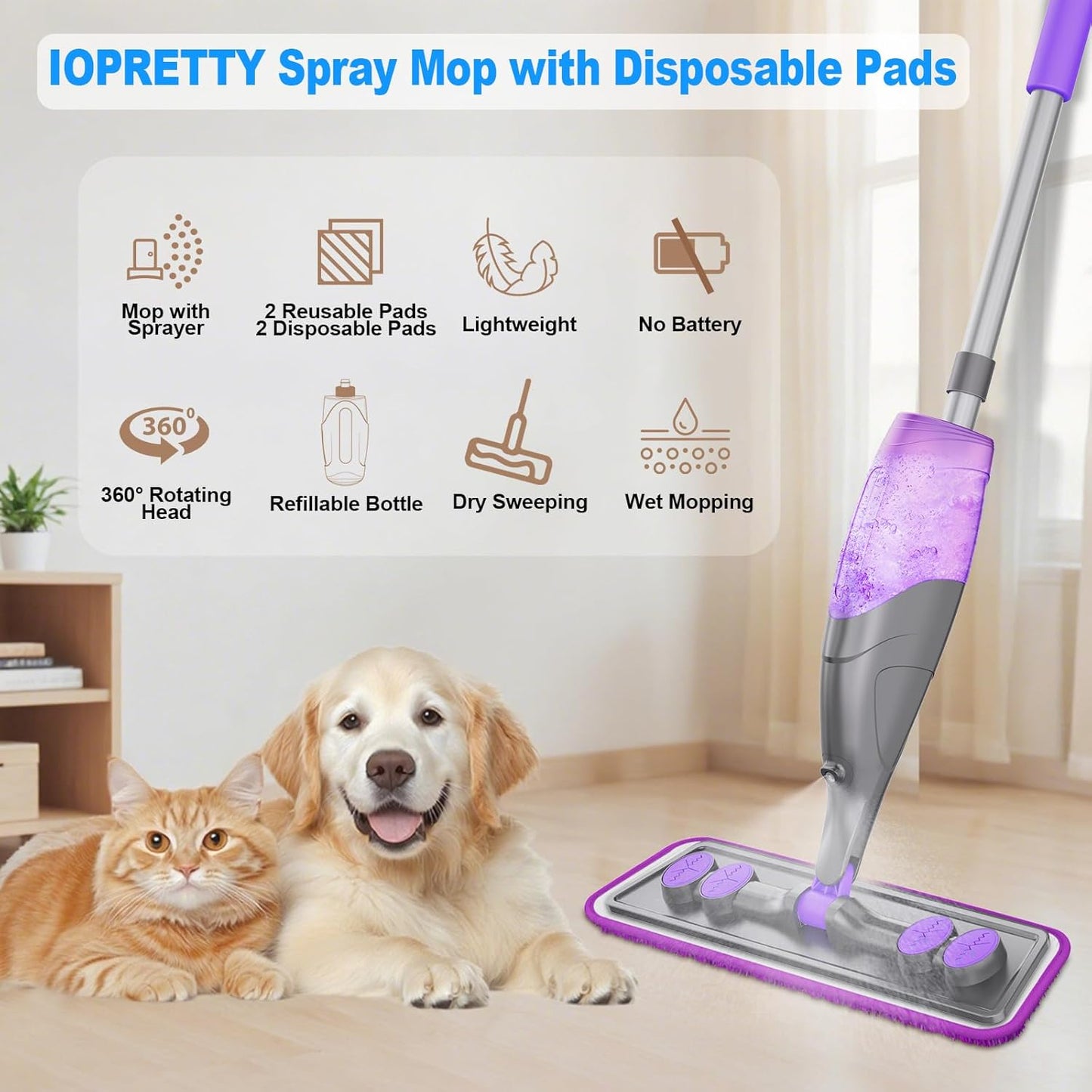 Skiennix Spray Mop for Floor Cleaning - Wet & Dry with 2 Washable + 2 Disposable Pads | Refillable Bottle for Hardwood & Tile Homes - Effectively Absorbs Pet Hair & Dust