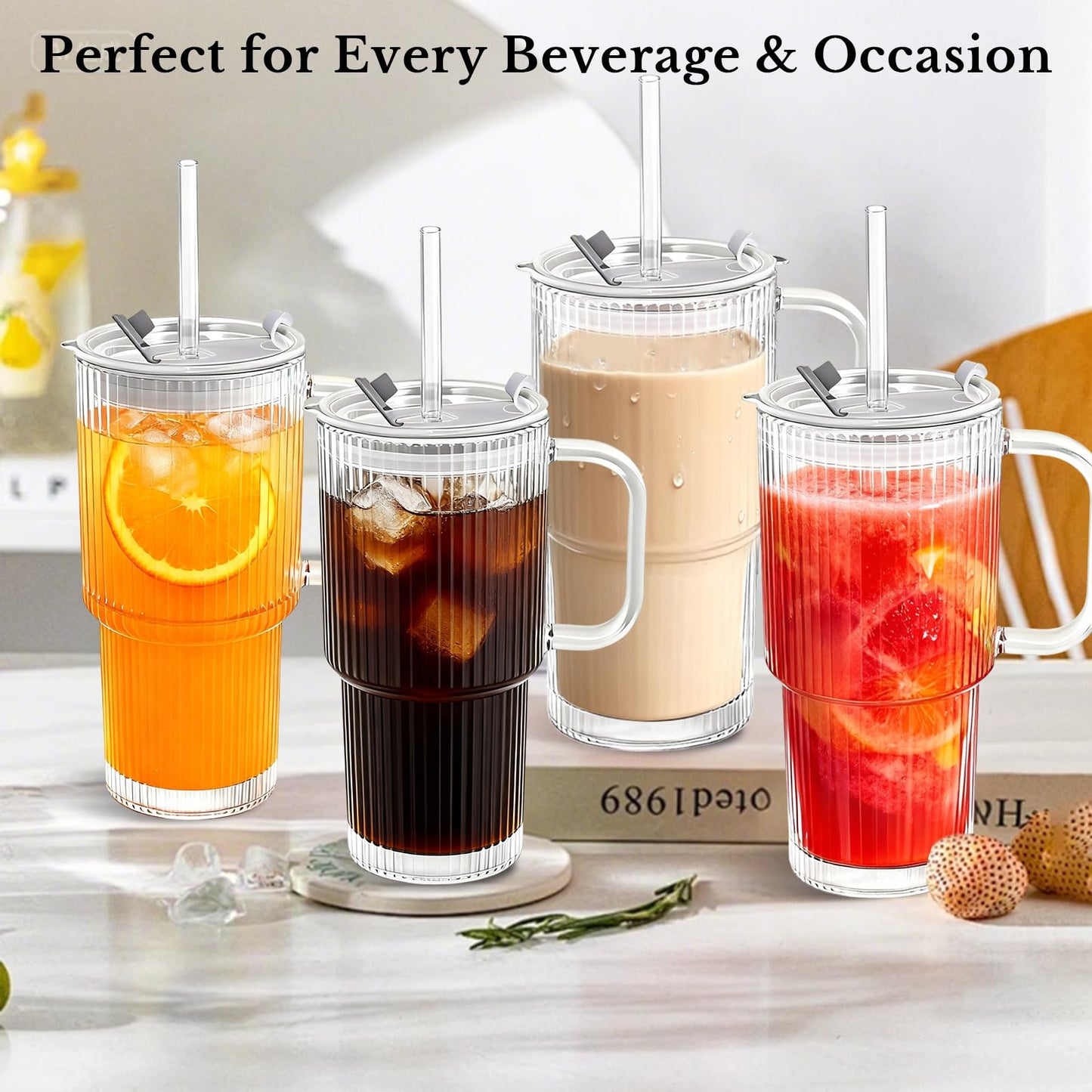 Snextek 18oz Glass Tumbler with Handle, Glass Lid & Straw, 2-Piece Set, Thickened Glass Cups for Iced Coffee, Smoothies, Cocktails, Home Office Travel (Ribbed)
