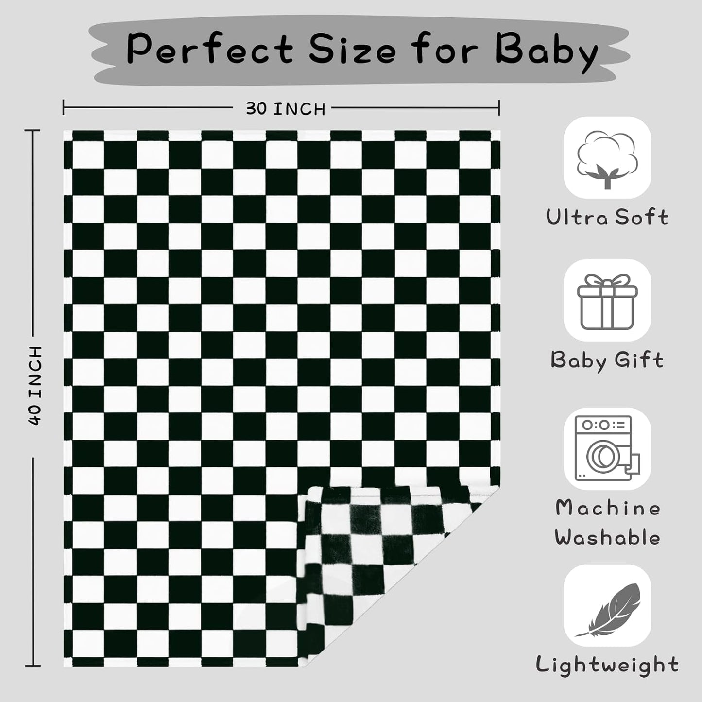 Yurhap Checkered Baby Blanket - Ultra Soft Fleece Receiving Blanket for Infants | 30''x40'', Black