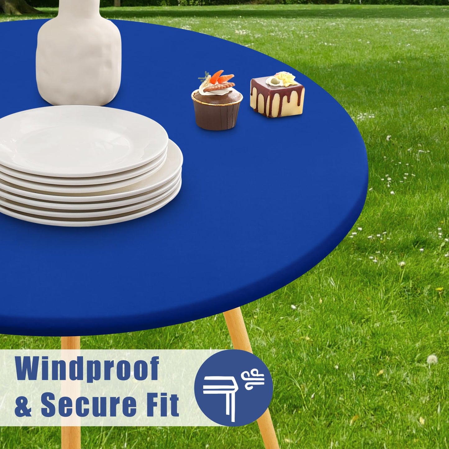 Moosfor Round Spandex Tablecloth, Elastic Fitted Waterproof Tablecloths for 31"-35" Tables, Stretch Washable Picnic Table Cover for Camping, Dining, Indoor and Outdoor, Blue