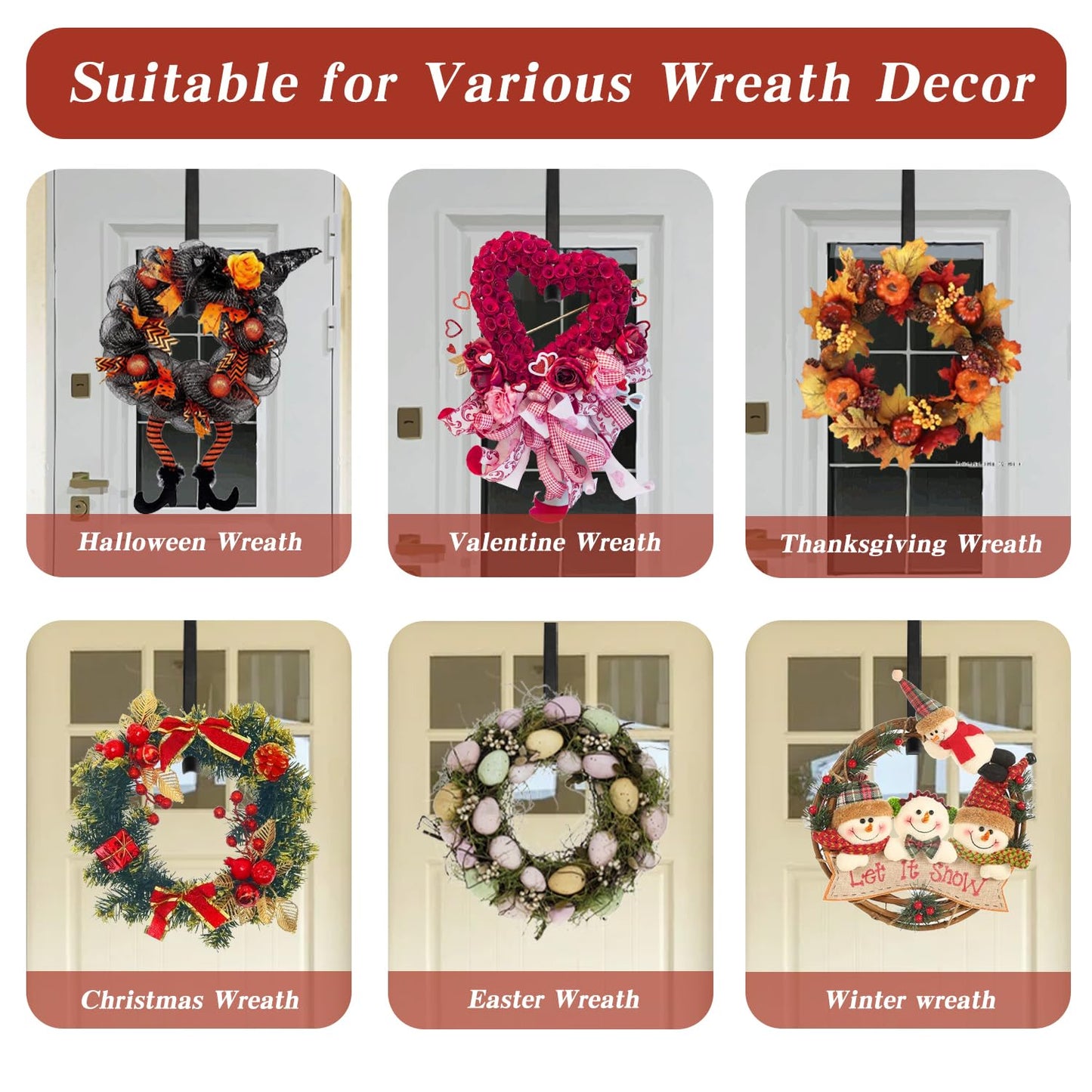 Wreath Door Hanger, Black Wreath Hanger for Front Door, Adjustable Wreath Hanger from 15 to 25 Inches Wreath Hangers, Metal Doors Wreath Hangers for Christmas, Spring, Easter Decorations Wreaths