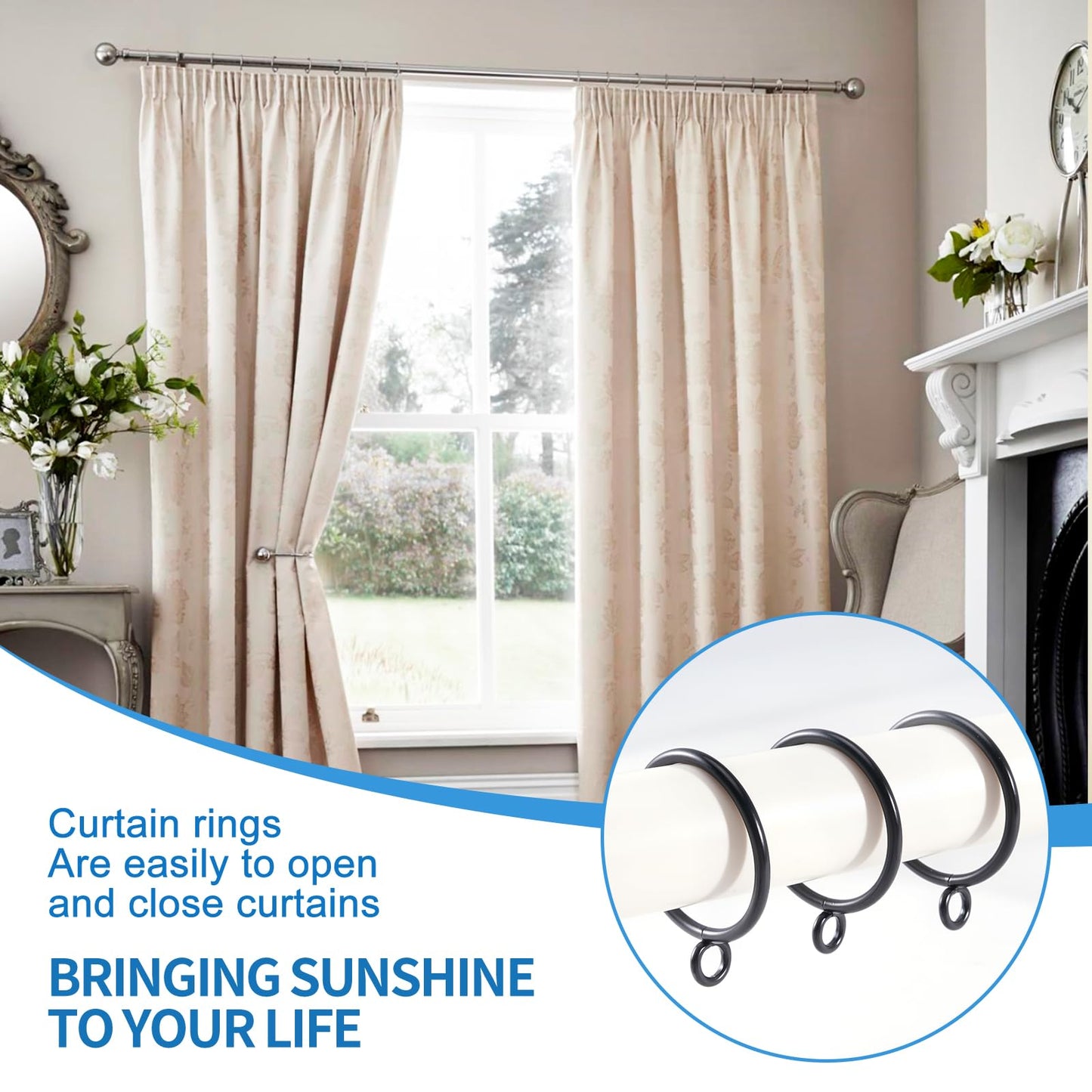 AMZSEVEN 44 Pack Curtain Rings with Eyelets, Metal Drapery Ring for Pinch Pleat Curtains, Drape Ring 1.5 Inch I D, Fits Up to 1.2 in Rod (Black)