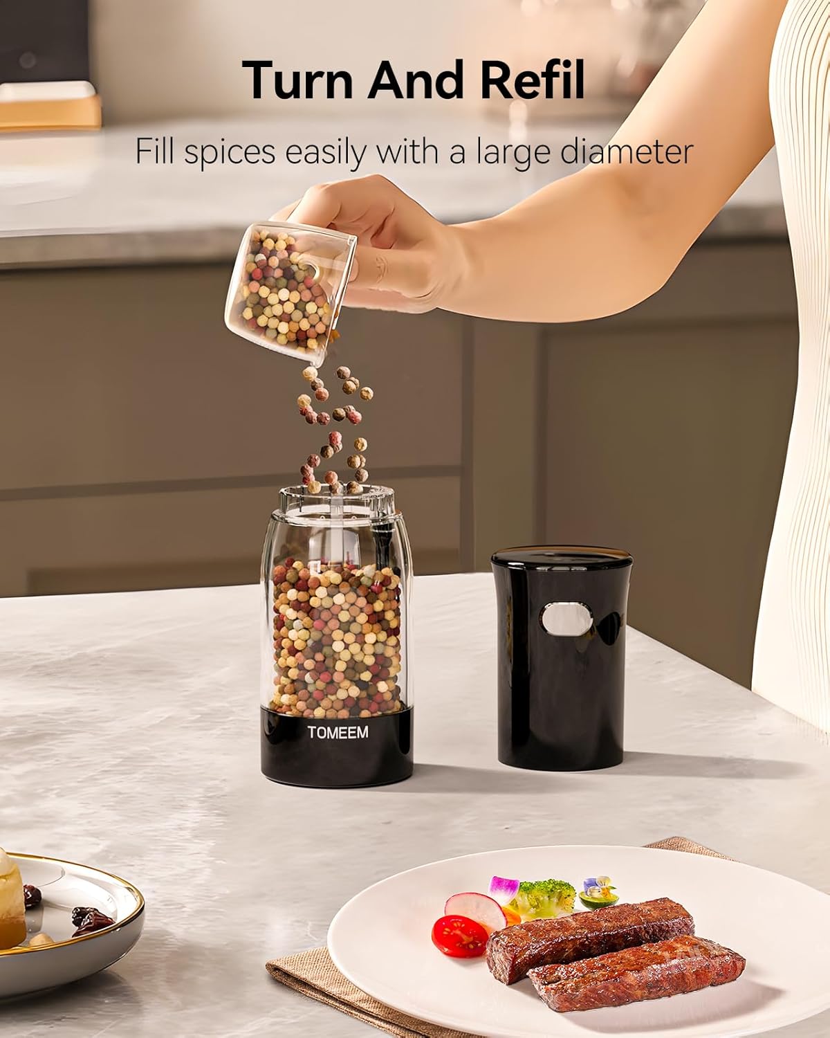 TOMEEM Electric Salt and Pepper Grinder Set - Rechargeable with LED Indicator & 5-Level Grinding | 4.5oz Capacity