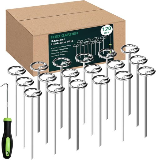 Feed Garden 120 Pack Landscape Staples - 8 Gauge 6 Inch Galvanized Garden Stakes for Lawn & Tent Use