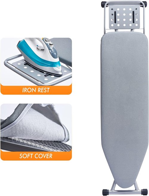 BKTD Ironing Board - Heat Resistant Cover with Steam Rest | Non-Slip Foldable Design, Silver Gray (13" x 34" x 53")