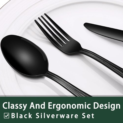 EWFEN 24-Piece Black Silverware Set with Steak Knives, Black Flatware Set for 4, Food-Grade Stainless Steel Tableware Cutlery Set, Mirror Finished Utensil Sets for Home Restaurant, Pearled Edge