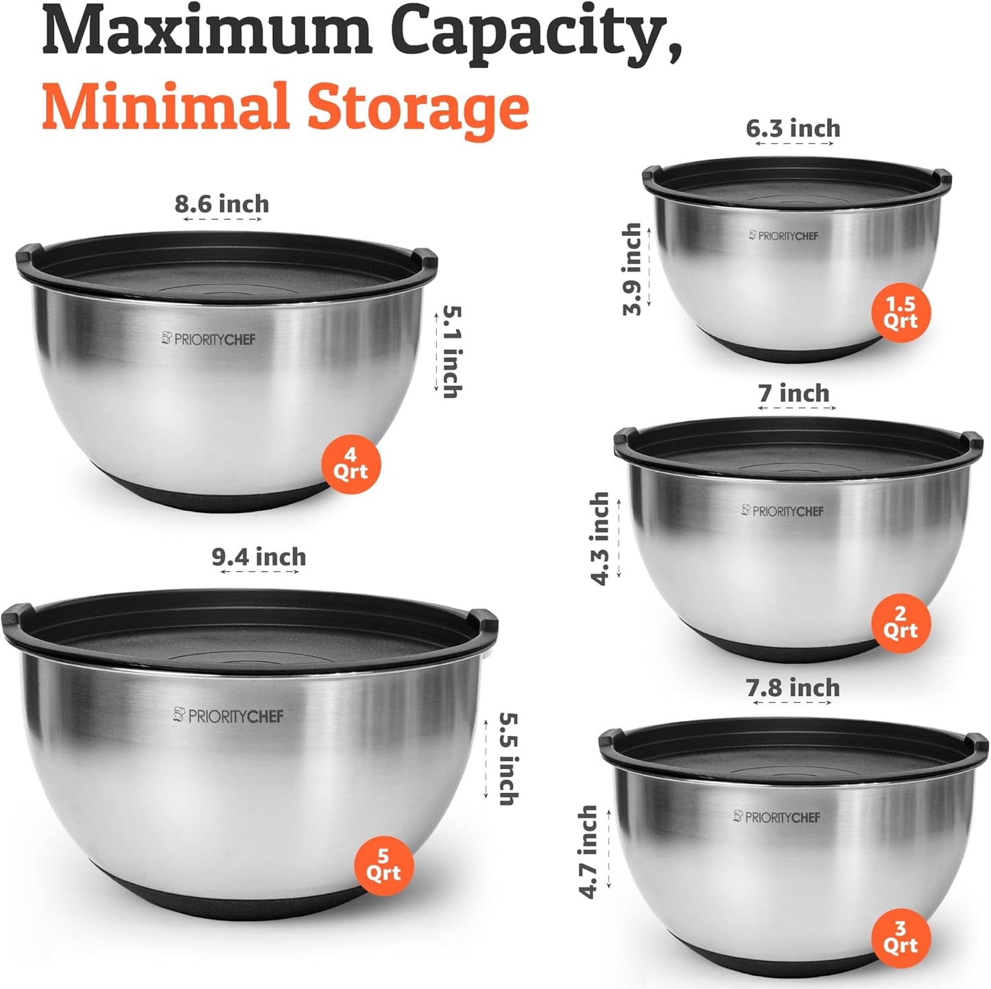 Priority Chef Premium Mixing Bowls Set - Airtight Lids & Non-Slip Base | 5 Nesting Stainless Steel Bowls (1.5-5 Qt) - Black