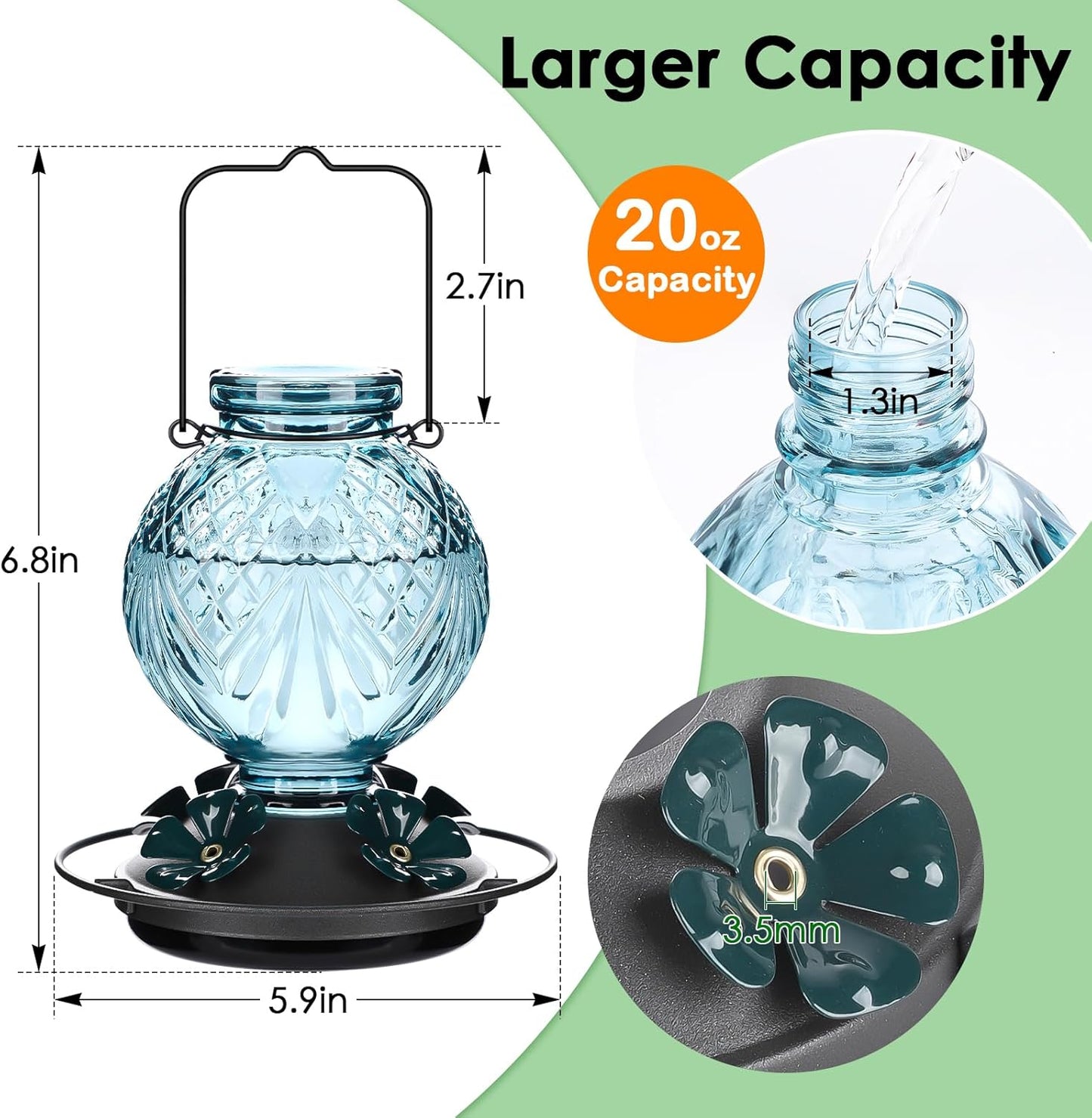 Skiennix Glass Hummingbird Feeder - 20oz Outdoor Nectar Feeder with Bee Guards & Ant Moat | Blue