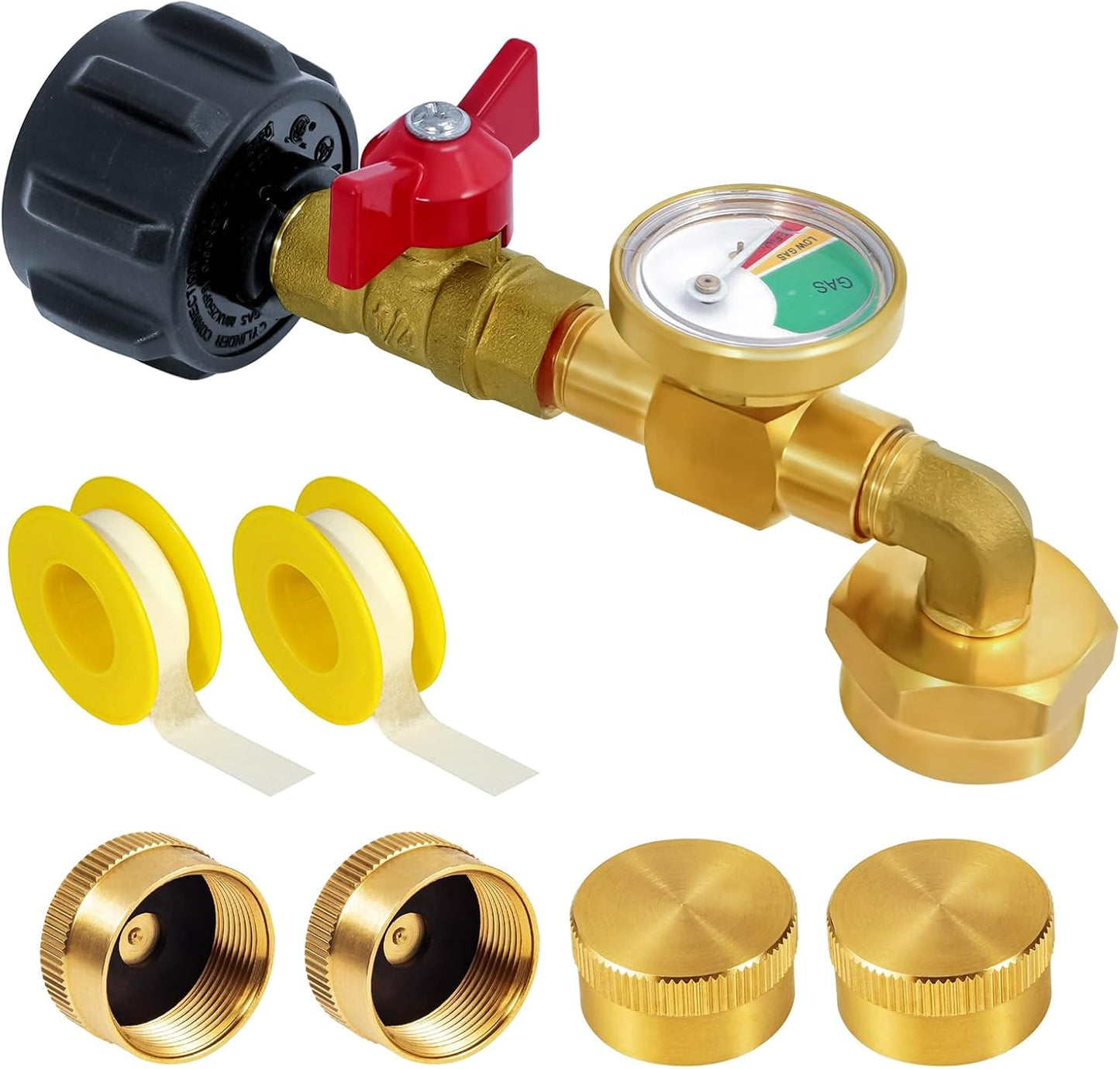 Propane Refill Adapter - Skiennix 1 lb Tank Converter with Valve & Gauge - Brass with 4 Caps