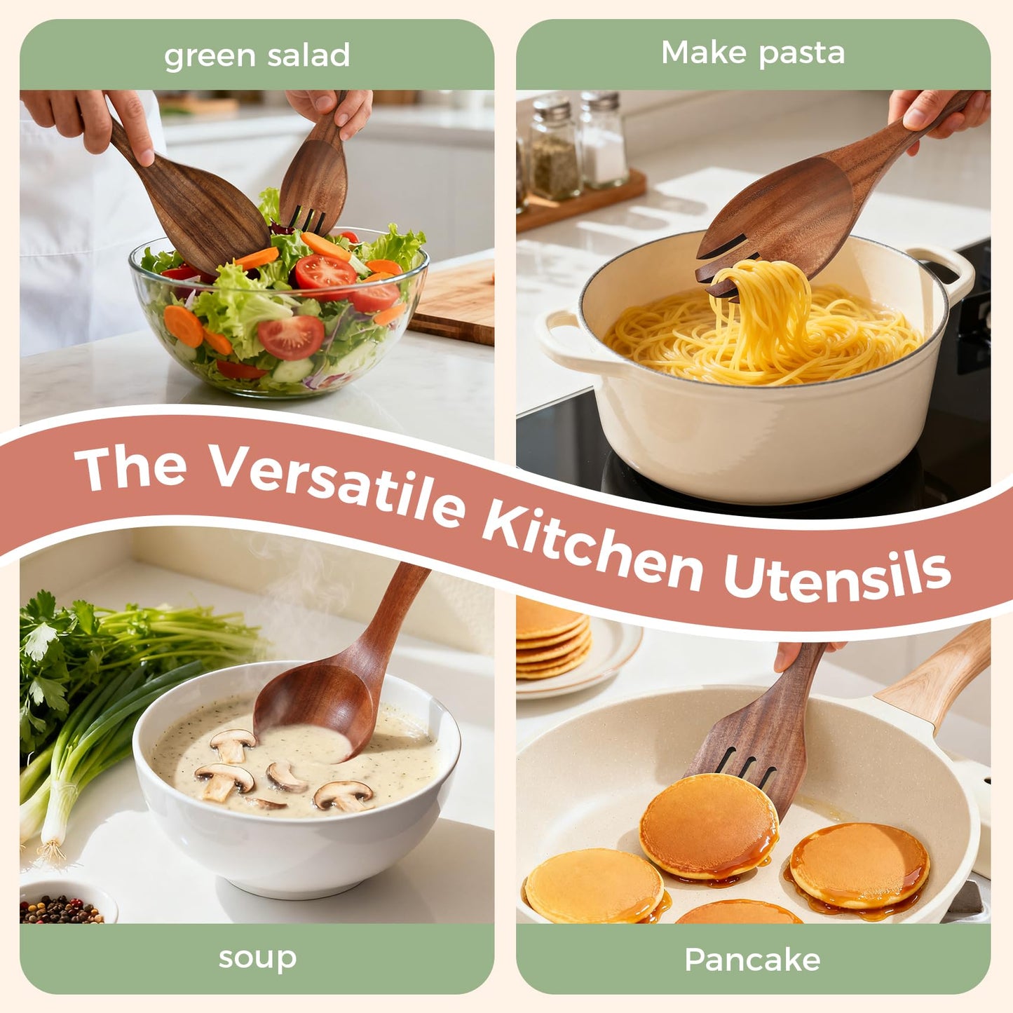 Wooden Spoons for Cooking - 7 Pieces Wooden Kitchen Utensils Set, Smooth Natural Teak Wood Utensil Set, Nonstick Heat-Resistant Cooking Utensils - Lightweight & Sturdy, Wooden Spatula for Cooking
