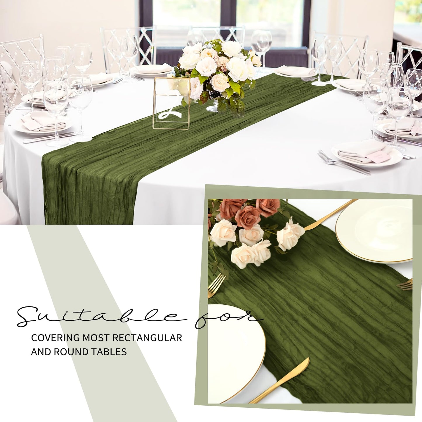 24 Pack Cheesecloth Table Runner 20 x 120 inch Cheese Cloth Table Runner Bulk,Romantic Boho Sheer Gauze Fabric Table Runners for Wedding Reception,Party,Bridal Shower Table Decor(Olive Green)