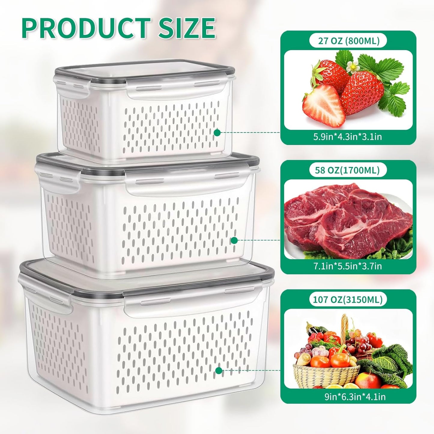 Skiennix Fruit Storage Containers - 3 Pcs Airtight Fridge Containers with Removable Colander Basket