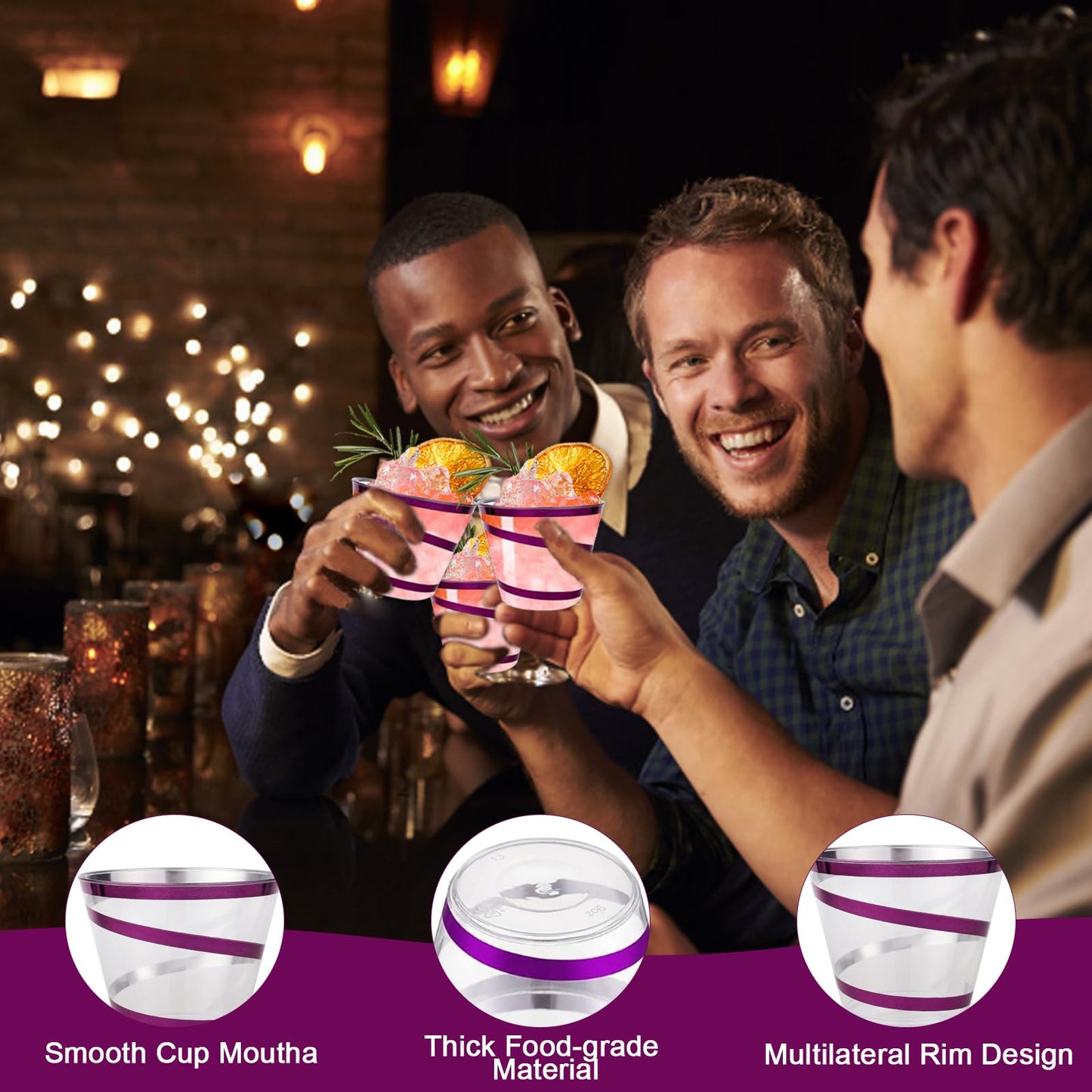 100Pcs 9 oz Rimmed Swirl Purple Plastic Cups - Disposable Clear Drinking Cups for Halloween, Christmas, Wedding and Party Supplies - Cocktail Wine Glasses (Purple)