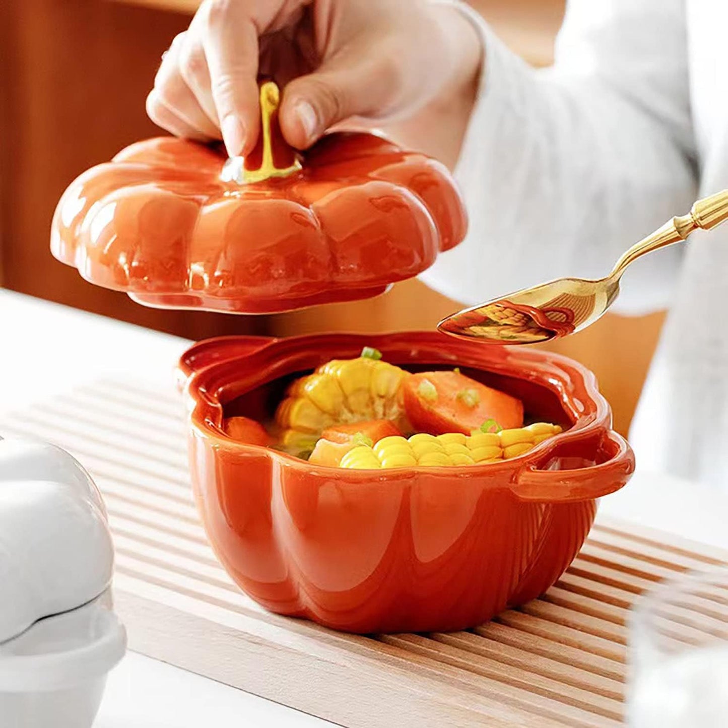 Regine Switzerland Pumpkin Bowl Set - 4 Ceramic Ramekins with Lid & Handle | Oven Safe, 14 Oz (Orange)