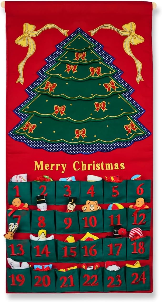 Pockets of Learning Merry Christmas Green Tree Advent Calendar - Festive Fabric Wall Hanging with 24 Stuffed Ornaments